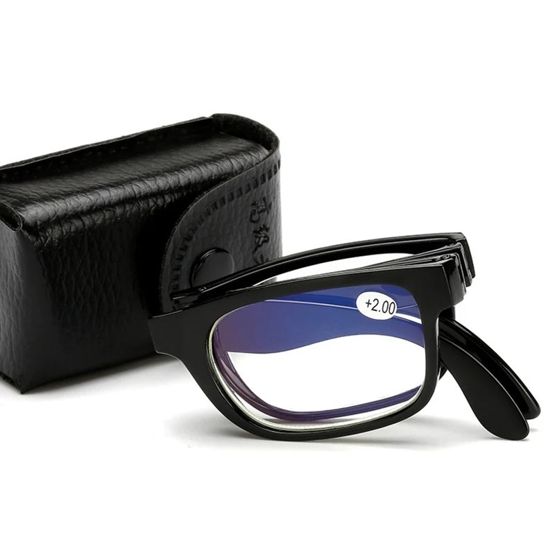 Foldable Reading Glasses Unisex Portable Mini Lightweight Clear Anti Blue Light Presbyopic Glasses Full Frame Black with Case
