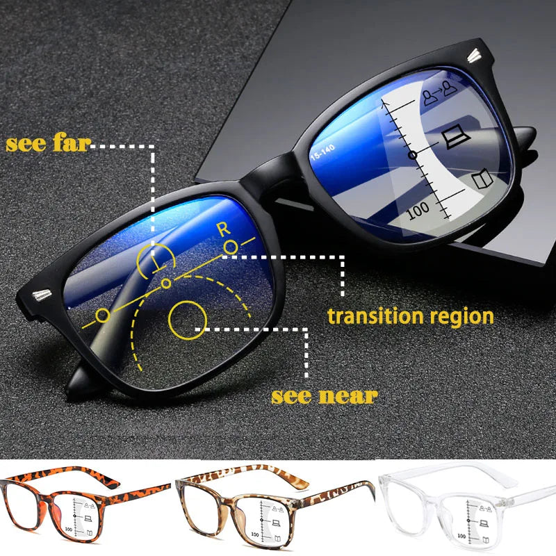 Full Frame Progressive Reading Glasses Men Women Multifocal Anti Blue Light Hyperopia Glasses UV Protection Transition Reader PC