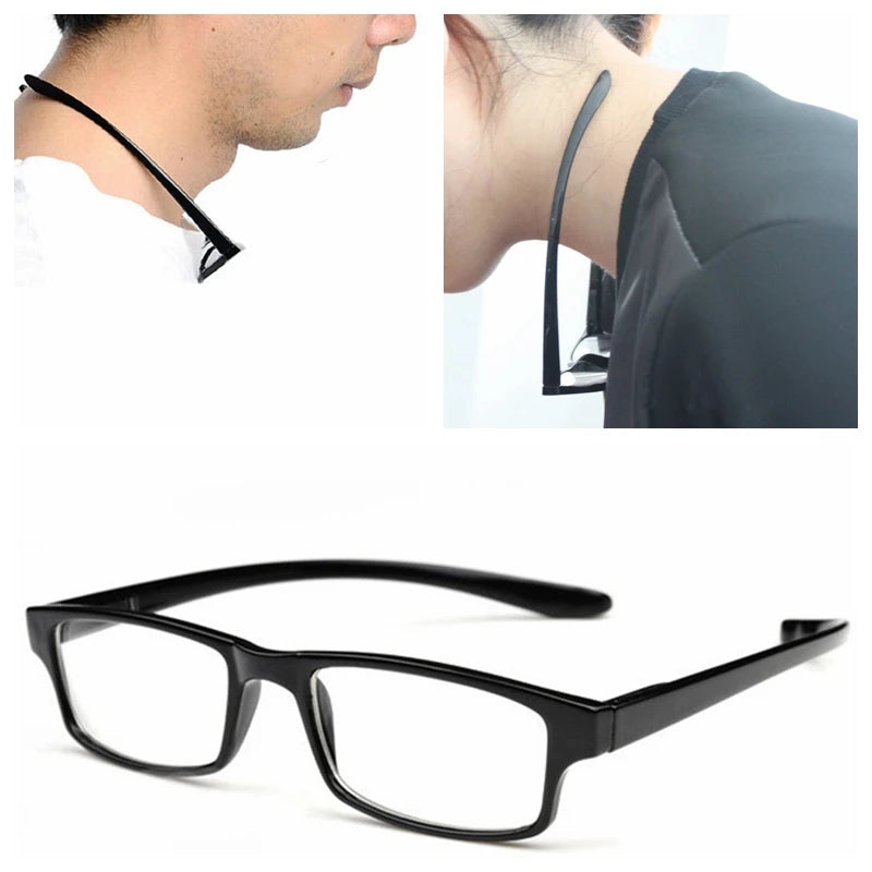 Hanging Neck Reading Glasses Men Square Frame Black Flexible Arms Presbyopic Glasses Eyeweaer Women Plastic Portable Gafas +1.50