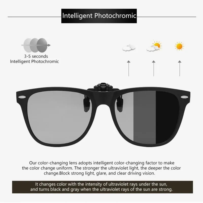 Polarized Clips on Sunglasses for Men Flip Up Sunglasses Square Night Vision Goggle Photochromic Driving Shades Glasses UV400