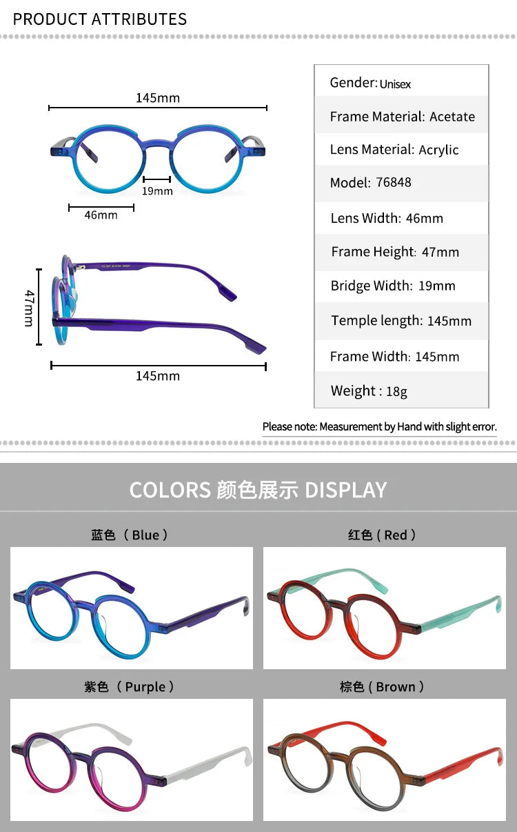 Multicolor Personalized Acetate Round Glasses Frames Designer Red Classical Eyewear Men Blue Accessories
