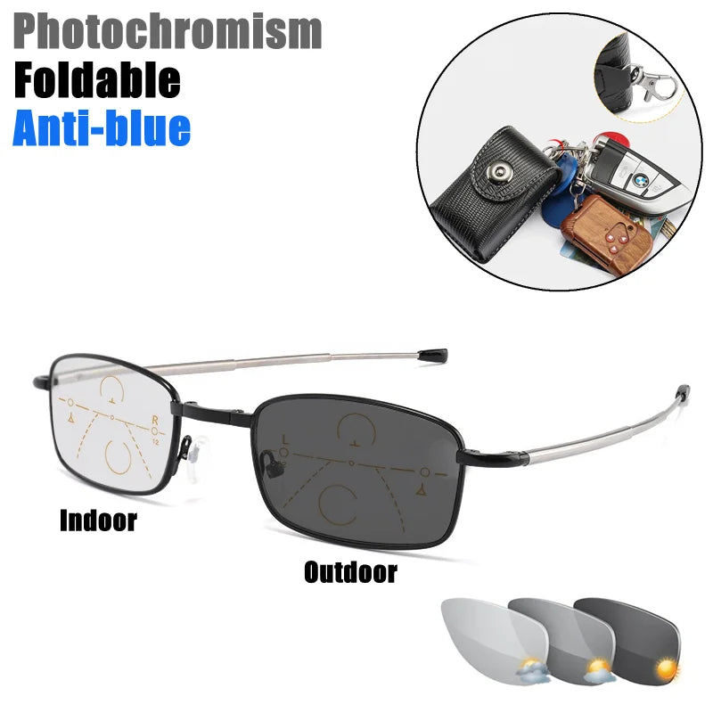 2020 Men Women Photochromic Reading Glasses Multifocal Progressive Metal Frame Foldable Presbyopic Glasses with Case +2.5 +3.5