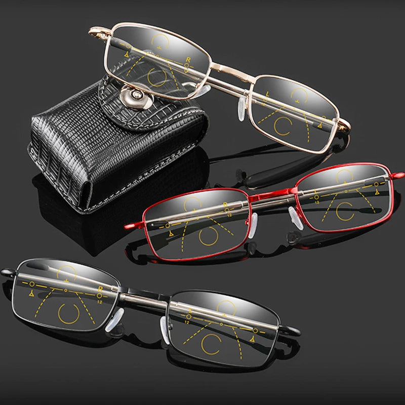2020 Men Women Photochromic Reading Glasses Multifocal Progressive Metal Frame Foldable Presbyopic Glasses with Case +2.5 +3.5