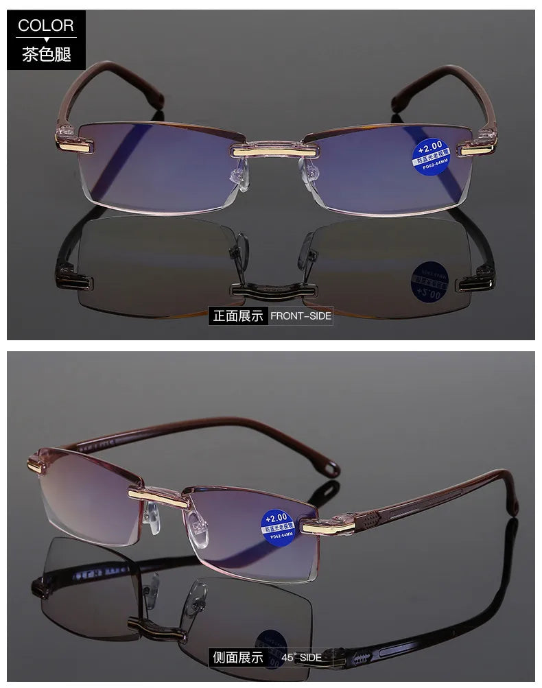 Anti Blue Light Reading Glasses Men Business Rimless Presbyopic Eye Glasses Women Vintage Ultralight Optical Farsighted Eyewear