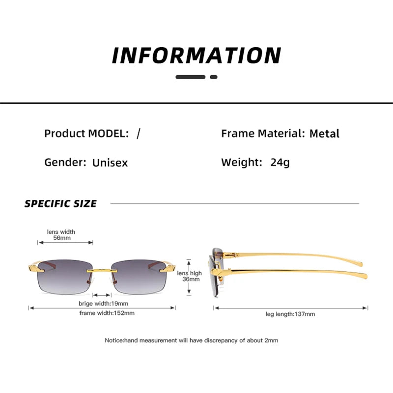 Vintage Rimless Square Sunglasses Women Men Luxury Brand Designer Popular Travel Driving Metal Small Sun Glasses