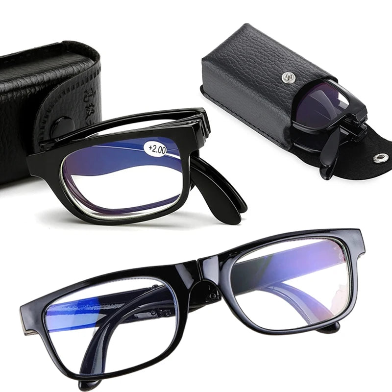 Foldable Reading Glasses Unisex Portable Mini Lightweight Clear Anti Blue Light Presbyopic Glasses Full Frame Black with Case