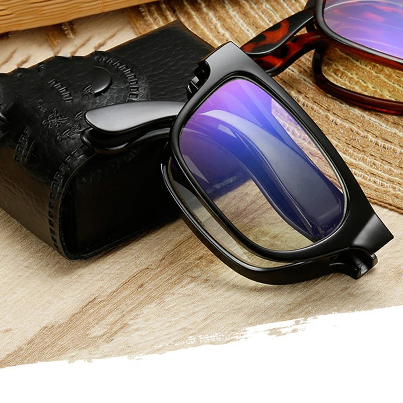Foldable Reading Glasses Unisex Portable Mini Lightweight Clear Anti Blue Light Presbyopic Glasses Full Frame Black with Case