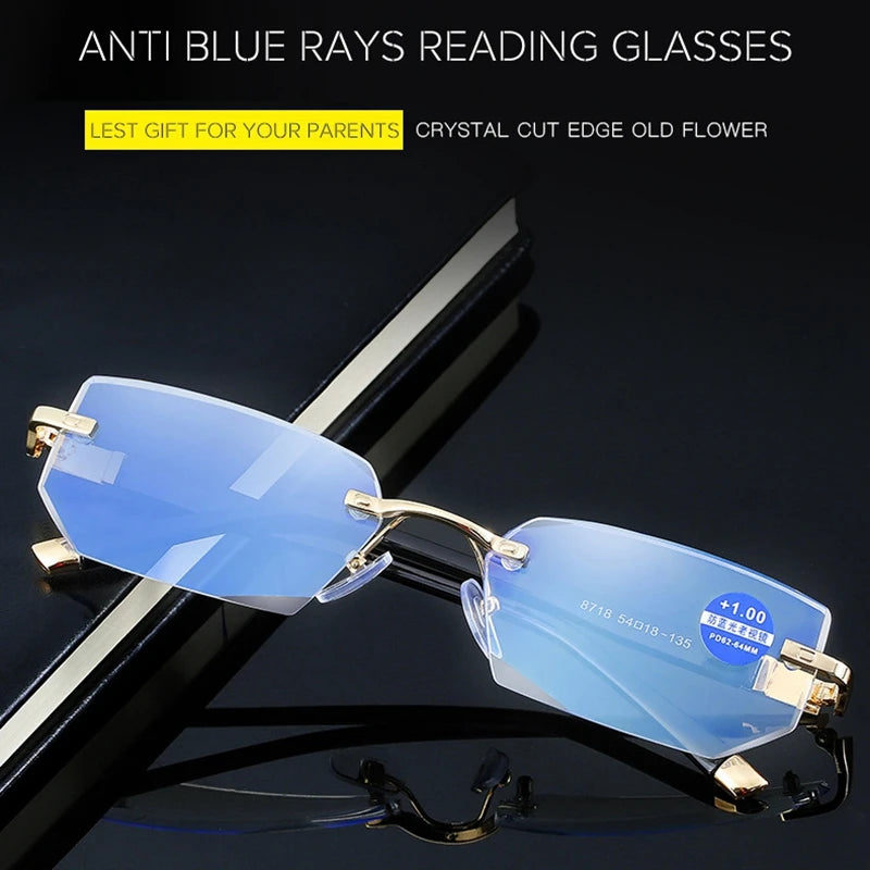 New Reading Glasses Men High-end Diamond Trimming Glasses Anti Blue Light Alloy Frameless Presbyopic Glasses Women High Quality