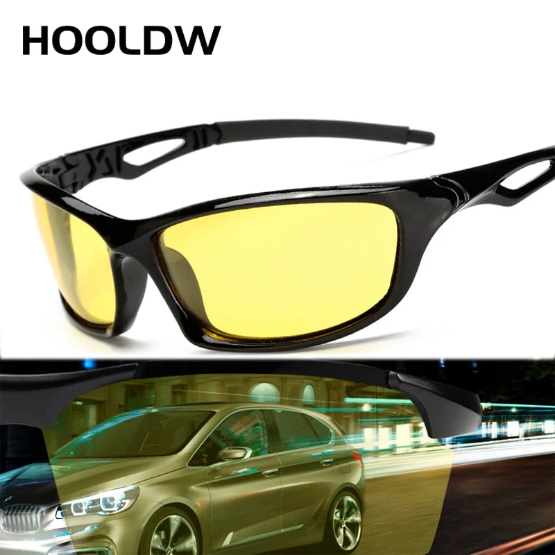 HOOLDW Men Night Vision Glasses Polarized Sunglasses Yellow Lens Anti-Glare Goggles Driving Sun glasses UV400 Gafas De Sol