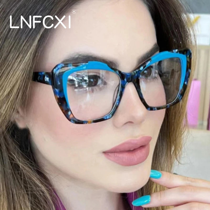 LNFCXI Retro Cat Eye Women TR90 Glasses Frame Leopard Blue Clear Anti-Blue Light Optical Eyewear Men Colorful Frame