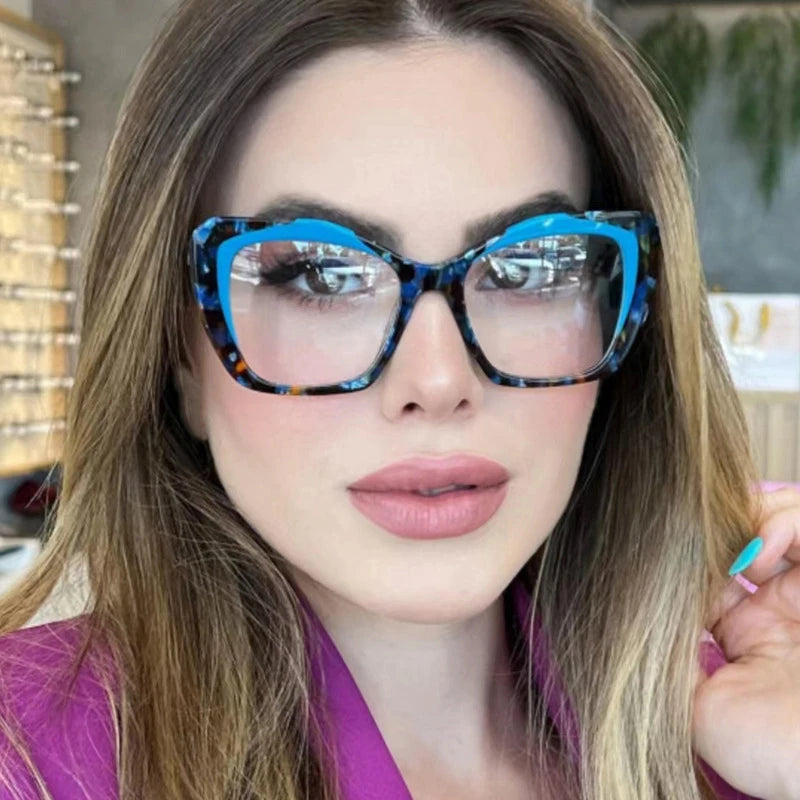 LNFCXI Retro Cat Eye Women TR90 Glasses Frame Leopard Blue Clear Anti-Blue Light Optical Eyewear Men Colorful Frame