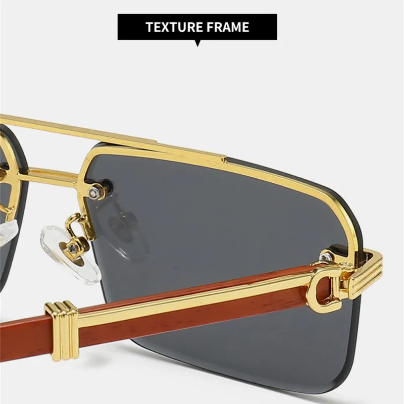 Men Rimless Sunglasses Vintage Rectangle Lens With Imitation Wood Grain Legs Women Luxury Brand Designer Sun Glasses