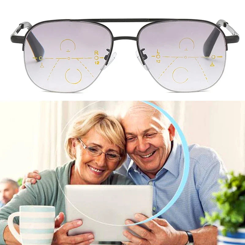 Multifocal progresivos Reading Glasses Men Blue Blocking UV Protection Tea Sunglasses Hyperopia Retro Clear Full Rim gafas