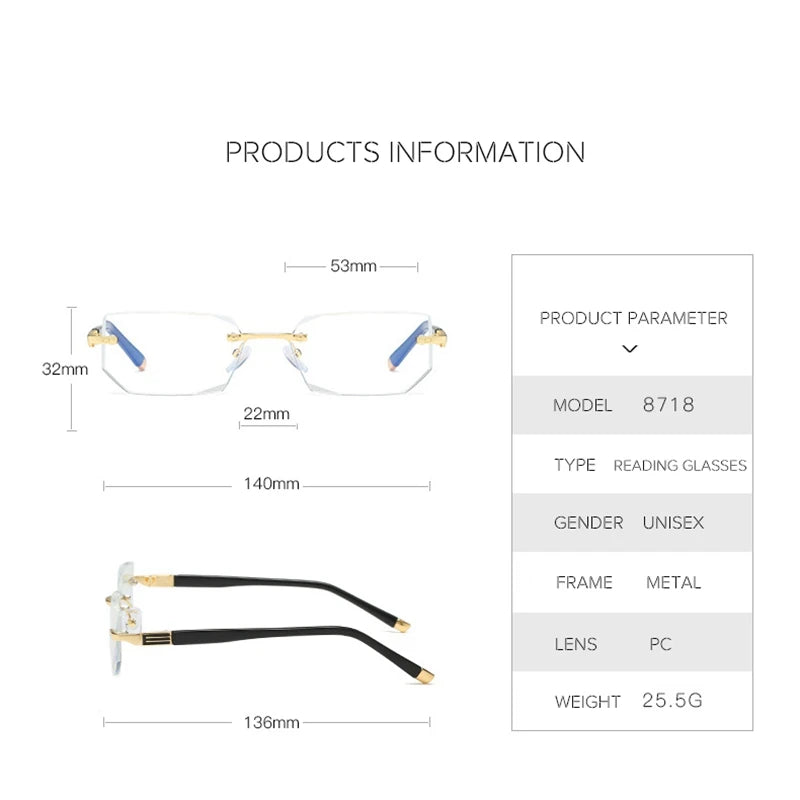 New Reading Glasses Men High-end Diamond Trimming Glasses Anti Blue Light Alloy Frameless Presbyopic Glasses Women High Quality