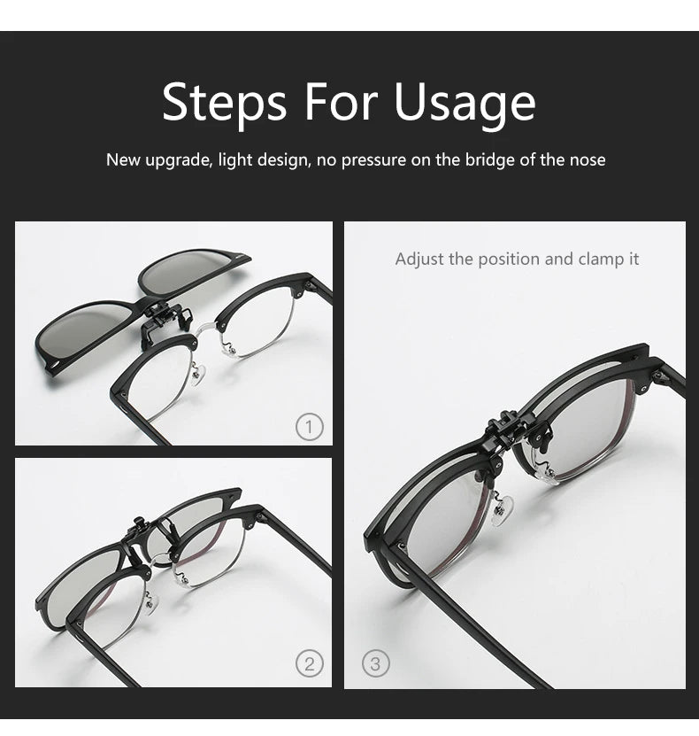 Polarized Flip Up Clip On Sunglasses Men Women Fishing Photochromic Glasses UV400 Changing Night Vision Driving Goggles Glasses