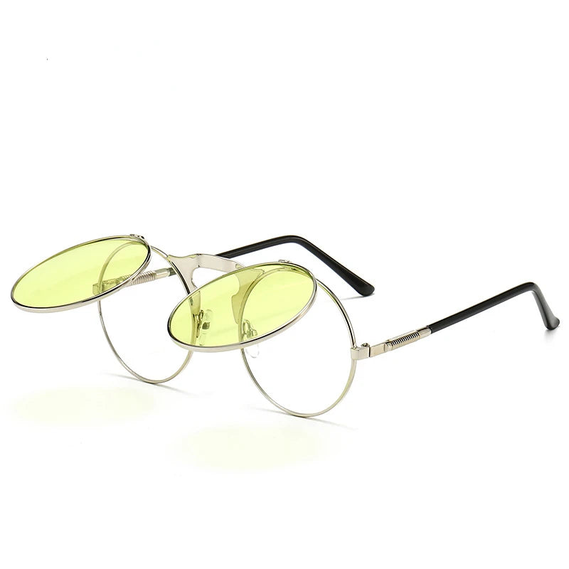 Steampunk Sunglasses Man Woman Retro Round Metal Flip Up Sun Glasses Male Female Double Circular Clear Lens Eyeglasses UV400
