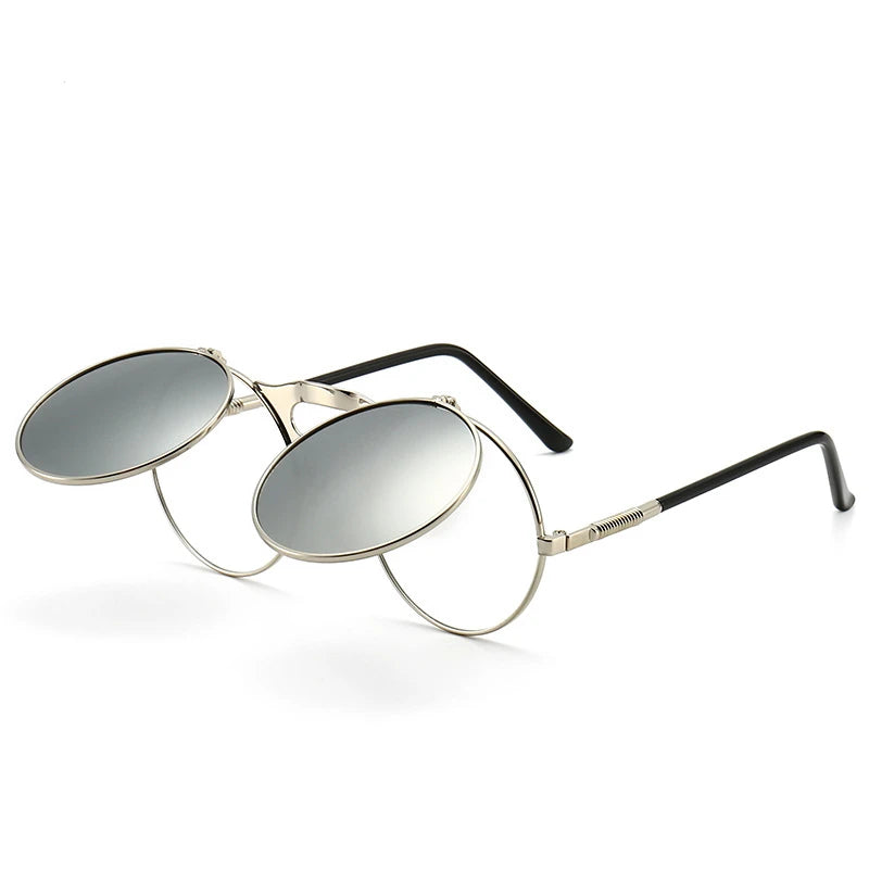 Steampunk Sunglasses Man Woman Retro Round Metal Flip Up Sun Glasses Male Female Double Circular Clear Lens Eyeglasses UV400