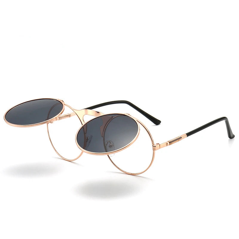 Steampunk Sunglasses Man Woman Retro Round Metal Flip Up Sun Glasses Male Female Double Circular Clear Lens Eyeglasses UV400