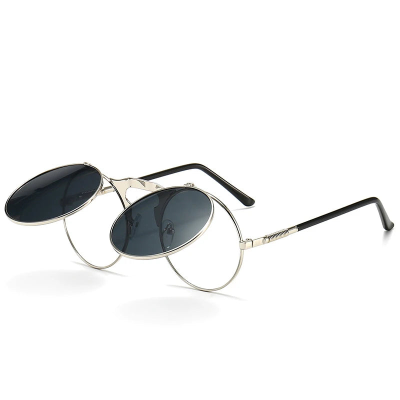 Steampunk Sunglasses Man Woman Retro Round Metal Flip Up Sun Glasses Male Female Double Circular Clear Lens Eyeglasses UV400