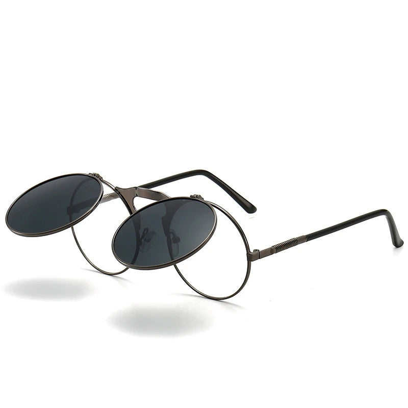 Steampunk Sunglasses Man Woman Retro Round Metal Flip Up Sun Glasses Male Female Double Circular Clear Lens Eyeglasses UV400