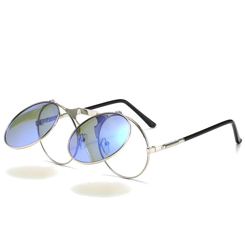 Steampunk Sunglasses Man Woman Retro Round Metal Flip Up Sun Glasses Male Female Double Circular Clear Lens Eyeglasses UV400