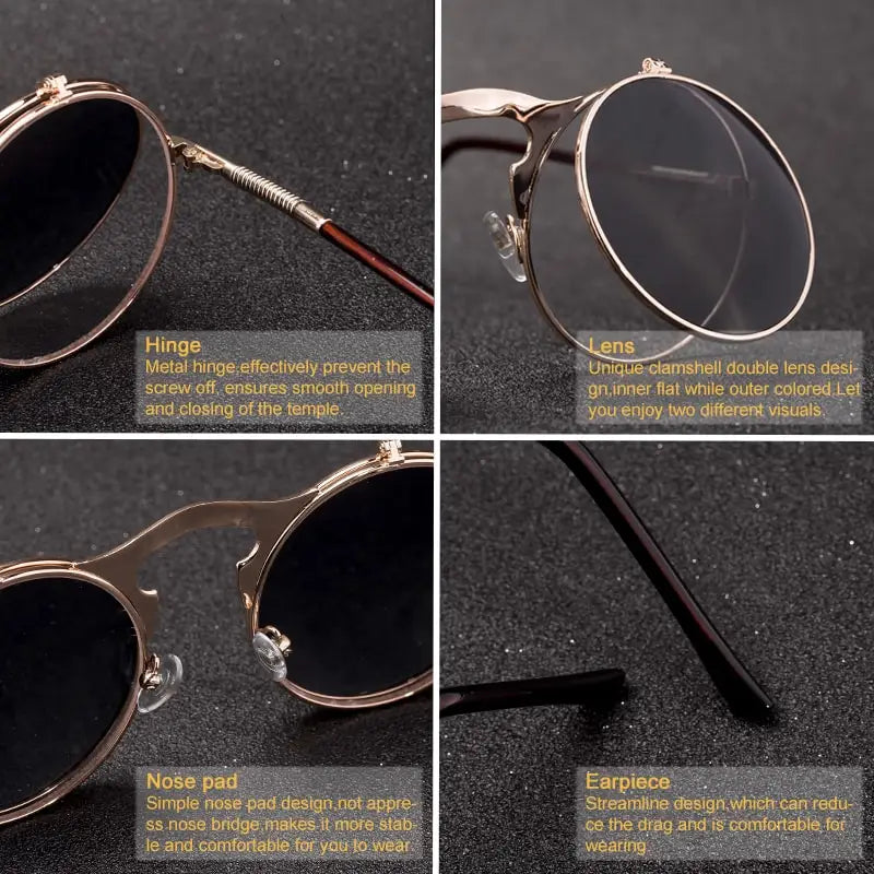 Steampunk Sunglasses Man Woman Retro Round Metal Flip Up Sun Glasses Male Female Double Circular Clear Lens Eyeglasses UV400