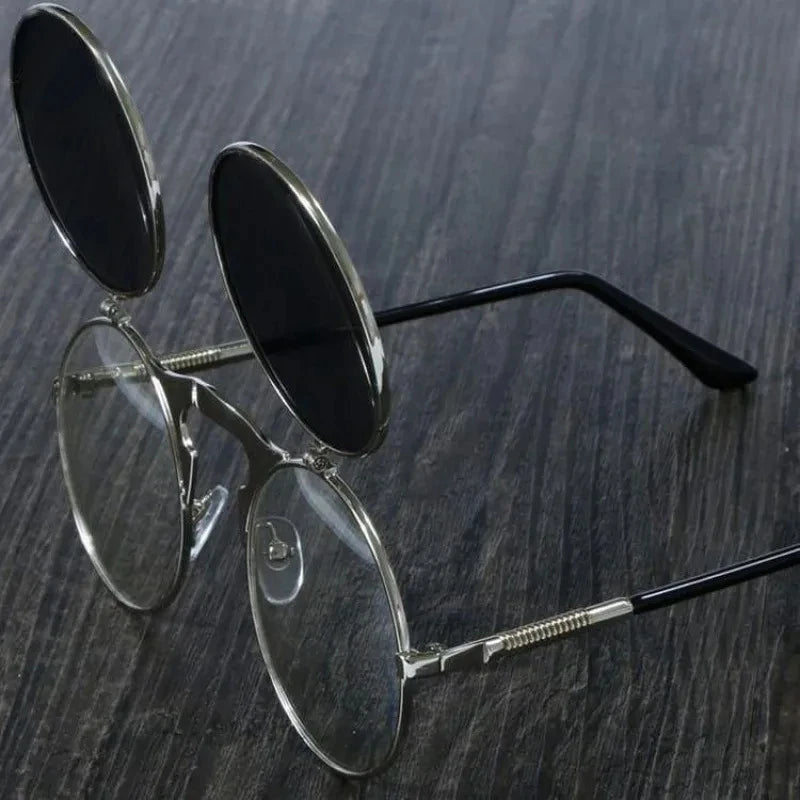 Steampunk Sunglasses Man Woman Retro Round Metal Flip Up Sun Glasses Male Female Double Circular Clear Lens Eyeglasses UV400