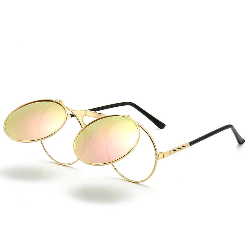 Steampunk Sunglasses Man Woman Retro Round Metal Flip Up Sun Glasses Male Female Double Circular Clear Lens Eyeglasses UV400