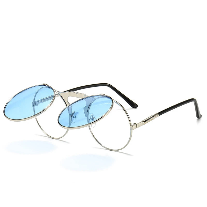 Steampunk Sunglasses Man Woman Retro Round Metal Flip Up Sun Glasses Male Female Double Circular Clear Lens Eyeglasses UV400