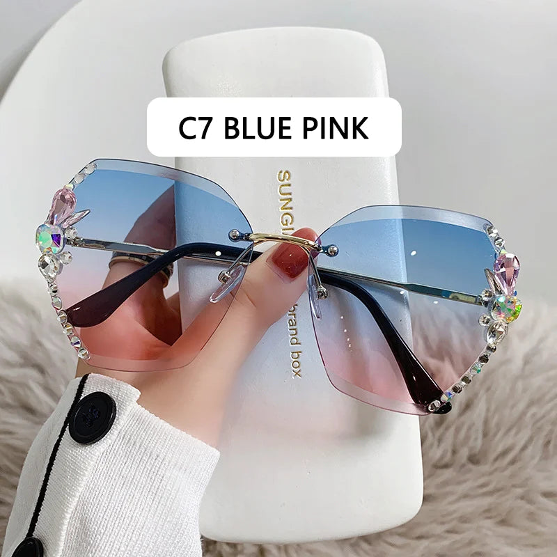 Vintage Rimless Rhinestone Sunglasses Women 2022 Luxury Brand Design Gradient Lens Sun Glasses Men Shades for Female